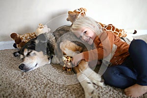 A Young Child is Smiling Happily as she Hugs her Pet German Shepherd Dog and her toy Giraffes