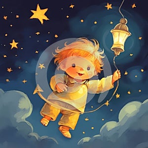 Young child soaring through night sky with lantern in hand