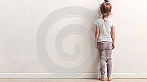 Young child standing facing a blank wall, minimalistic style, conceptual space for creativity. Room for thoughts in