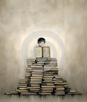 Young child on top of a stack of books