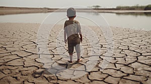 Young child view lack Back view and Water Crisis