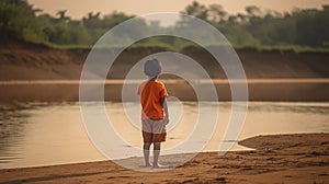 Young child view lack Back view and Water Crisis