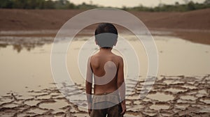 Young child view lack Back view and Water Crisis