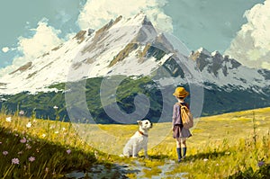 A young child with a white dog looking towards snow-capped mountains amidst a blooming meadow