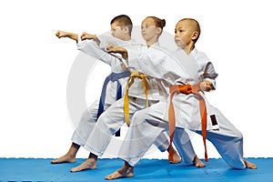 Young children athletes are beating kick gyaku tsuki on a white background