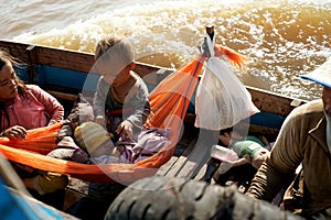 Young children in the boat.Tonle Sap Lake. Cambodia.