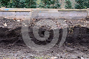 Young children help to distribute soil from compost. They load a dad`s shovel into wheelbarrow to fill the soil. Large decomposed