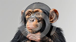 Young chimpanzee (Simia troglodytes) sitting in front of white background photo