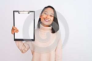 Young chinese inspector woman holding clipboard standing over isolated white background with a happy face standing and smiling