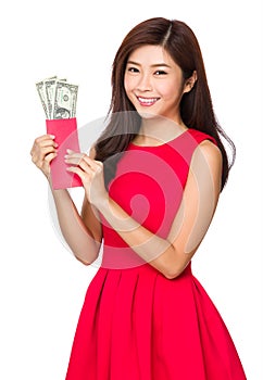 Young chinese woman holding with Lucky money with USD