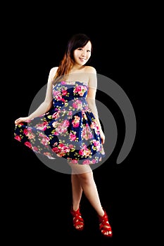 Young Chinese Woman Standing Floral Dress Smiling