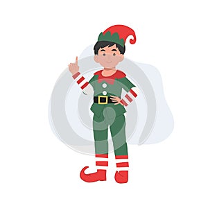 Young christmas elf kid is making introduction. vector illustration