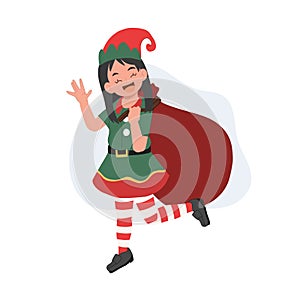 Young christmas elf kid with a santa gift sack. vector illustration