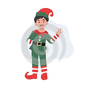 Young christmas elf kid is saying 'Hi' merry christmas. Vector illustration