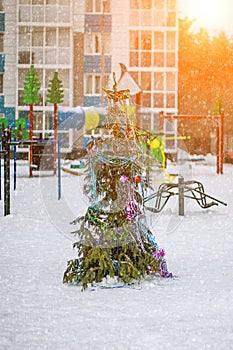 Young christmas tree on snowy winter day on a playground in the city. Festive background