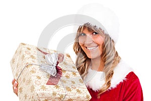 Young christmas woman with a present