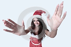 Young christmas woman show white background