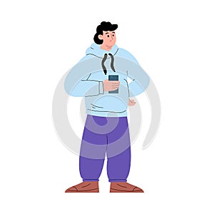 Young chubby happy man full length portrait, flat vector illustration isolated.