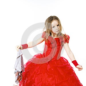 Young cinderella dressed in red with dirty cloth