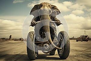 Young circus Elephant riding a bike in the clouds