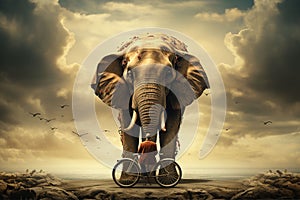 Young circus Elephant riding a bike in the clouds