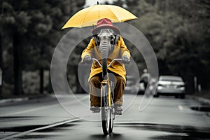 Young circus Elephant riding a bike in the clouds