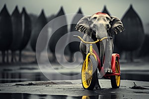 Young circus Elephant riding a bike in the clouds