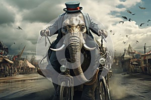 Young circus Elephant riding a bike in the clouds