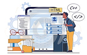 Young coder learning web development. Vector illustration