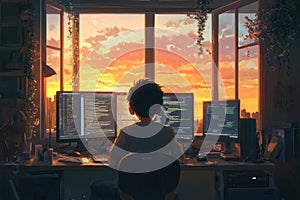 Young coder working from home on multiple screens, programming against a stunning city sunset