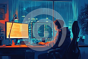 Young coder working from home on multiple screens, programming against a stunning city sunset