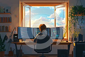 Young coder working from home on multiple screens, programming against a stunning city sunset