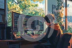 Young coder working from home on multiple screens, programming against a stunning city sunset