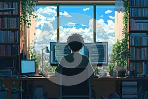 Young coder working from home on multiple screens, programming against a stunning city sunset