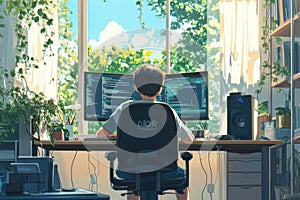 Young coder working from home on multiple screens, programming against a stunning city sunset