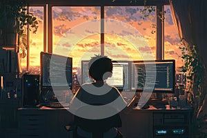 Young coder working from home on multiple screens, programming against a stunning city sunset