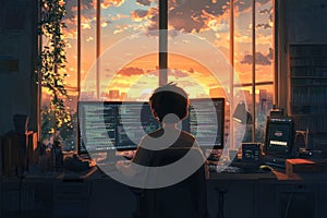 Young coder working from home on multiple screens, programming against a stunning city sunset