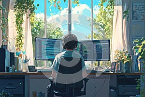 Young coder working from home on multiple screens, programming against a stunning city sunset