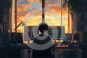 Young coder working from home on multiple screens, programming against a stunning city sunset