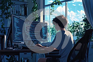 Young coder working from home on multiple screens, programming against a stunning city sunset