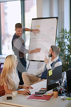 Young colleague showing plan on a whiteboard to colleagues. Presentation, meeting, brief, concept