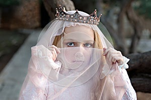 A young concubine princess in the crown covers her face with a veil and looks reproachfully photo