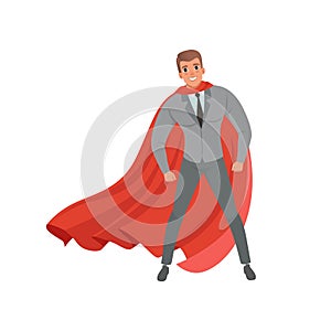 Young confident business man with red superhero cape