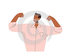 Young confident businessman character showing strong arms felling poser, success and strength