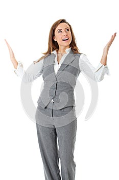 Young confident businesswoman, arms rised