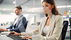 Young Confident Businesswoman Using Desktop Computer in Modern Office with Colleagues. Stylish