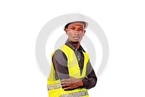 Young confident man construction engineer crossing his arms