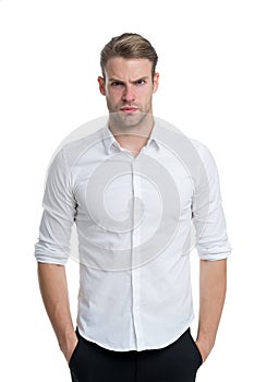 Young and confident. Man well groomed unbuttoned white collar elegant shirt isolated white background. Macho confident