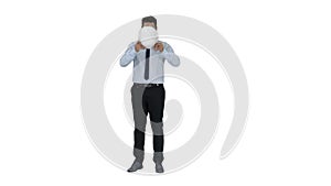 Young construction worker in hard hat on gray background on white background.