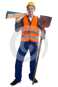 Young construction worker job full body portrait isolated